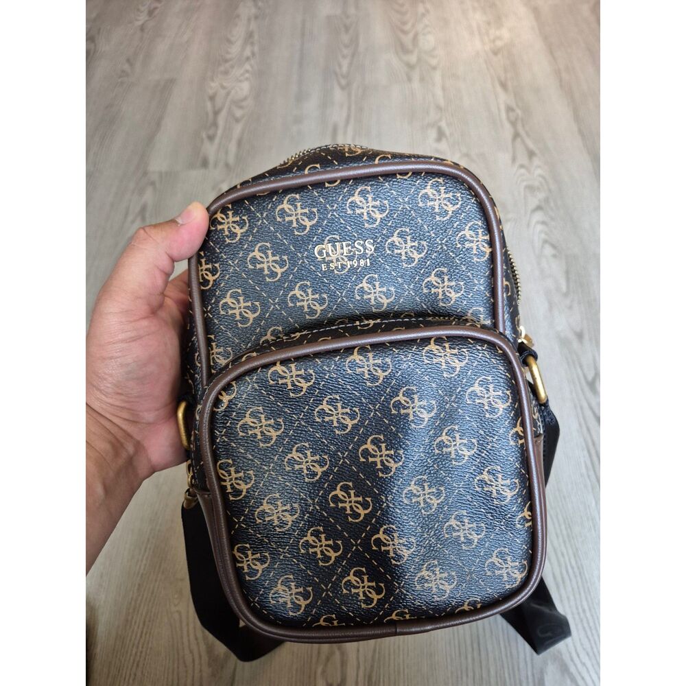 GUESS Men's Crossbody Bag Brown Black Quattro G Logo Monogram Shoulder Bag